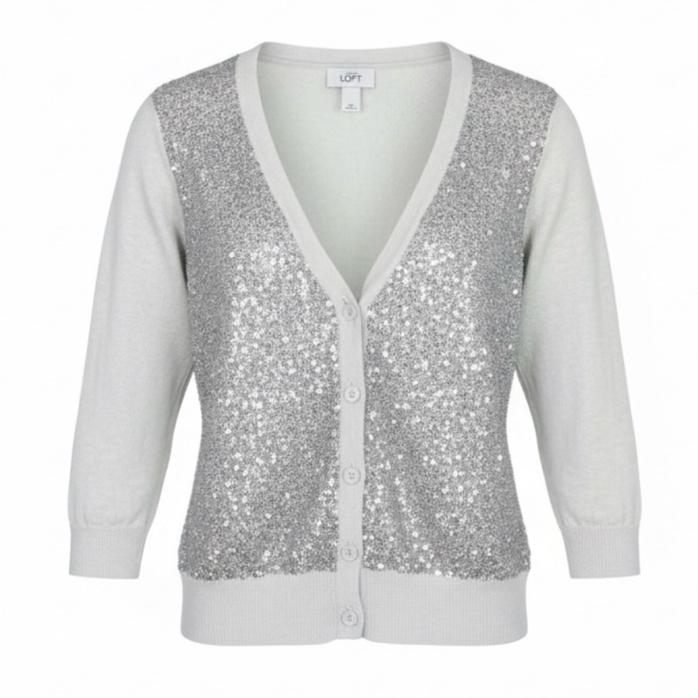 LOFT GRAY 3/4 SLEEVE SEQUIN KNIT BUTTON FRONT CARDIGAN SWEATER WOMENS SZ XS